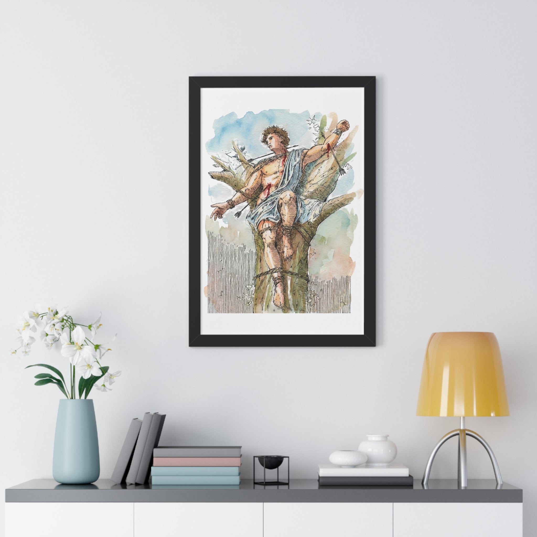 Saint Sebastian Watercolor Framed Vertical Poster | Religious Art, Martyrdom Illustration