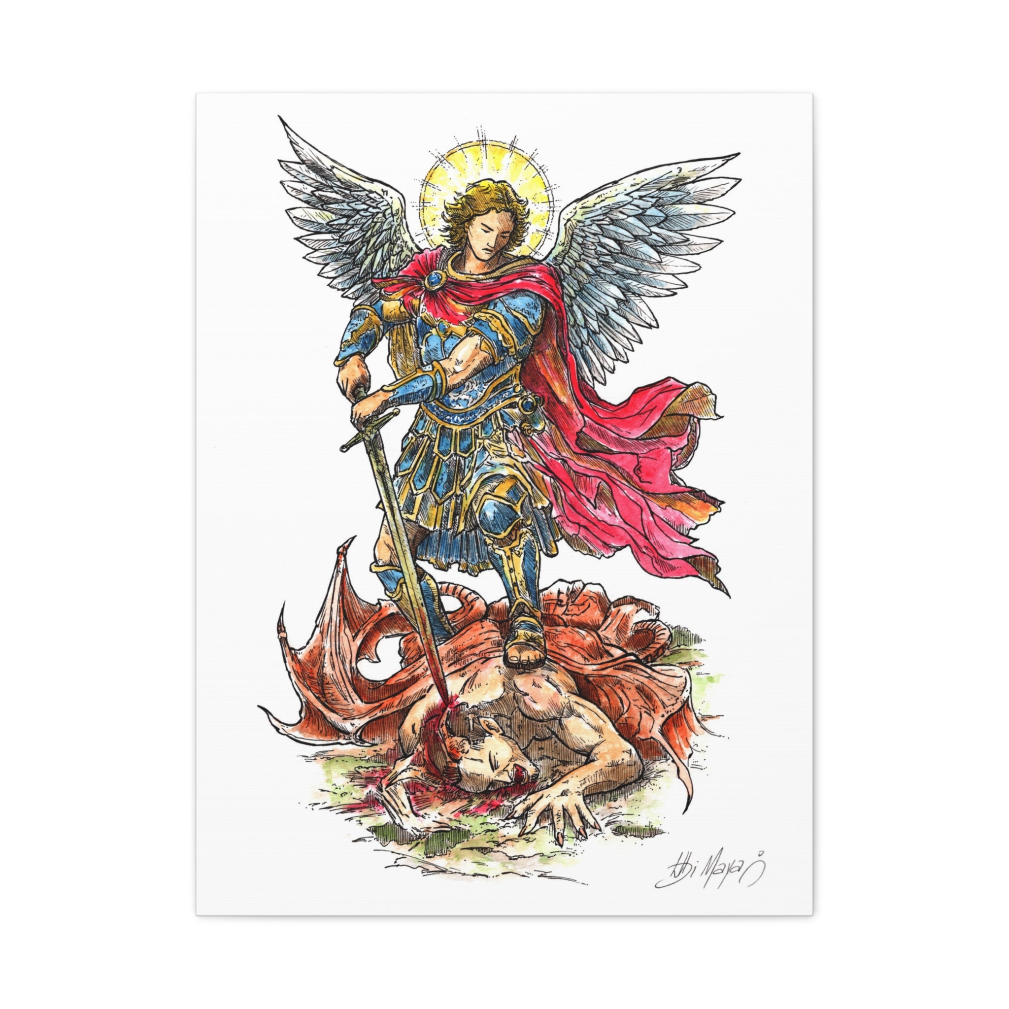 Archangel Michael slaying dragon Matte Canvas