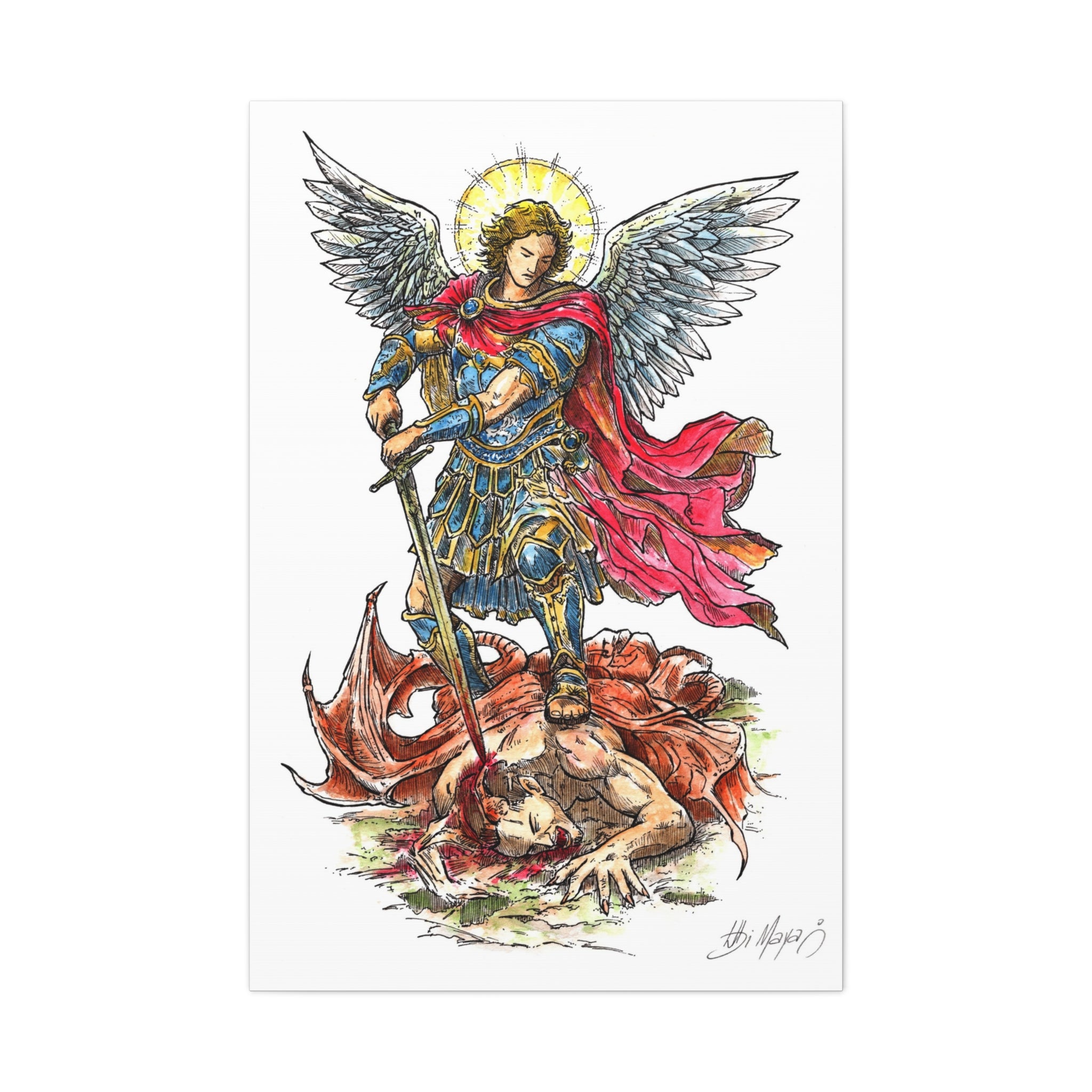Archangel Michael slaying dragon Matte Canvas