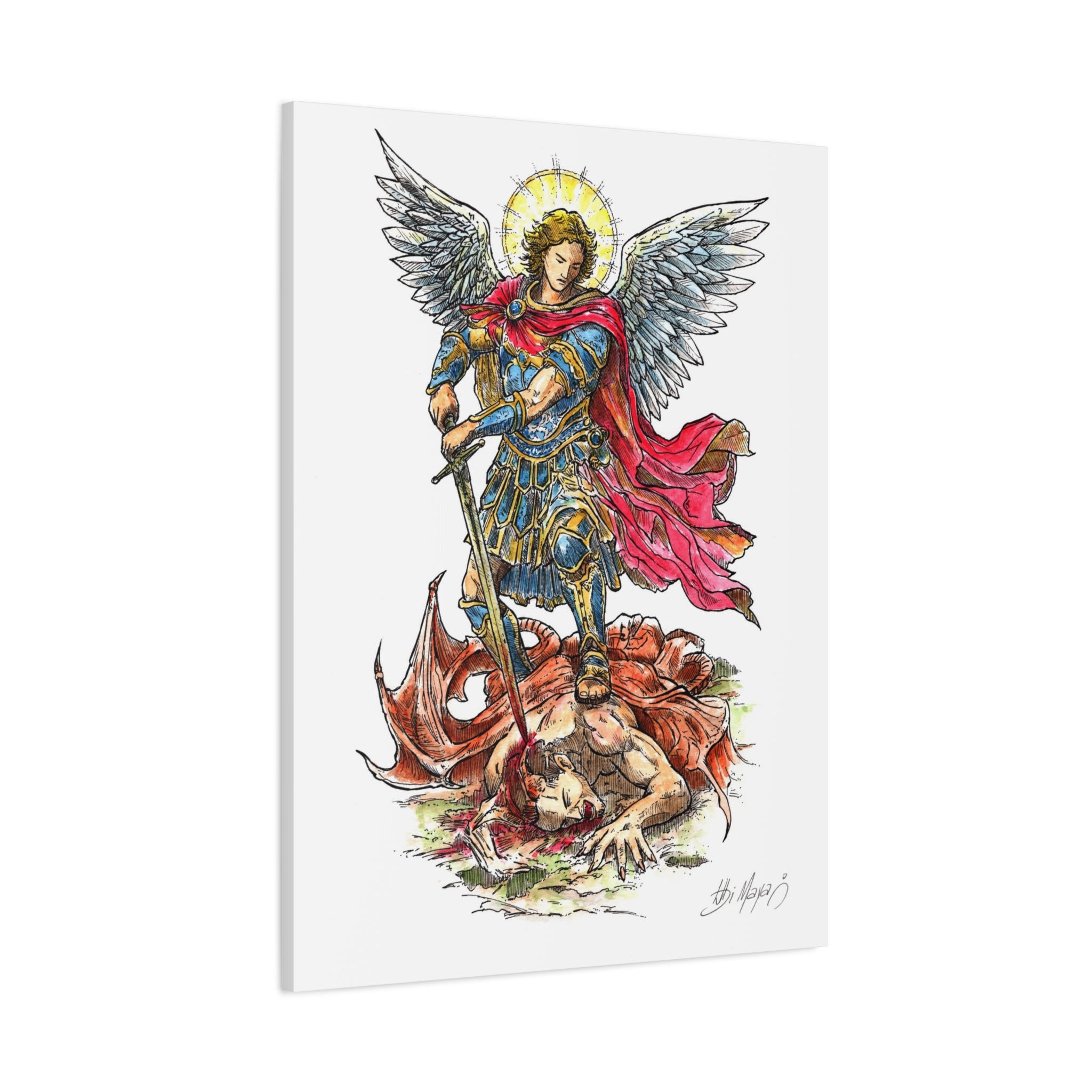 Archangel Michael slaying dragon Matte Canvas