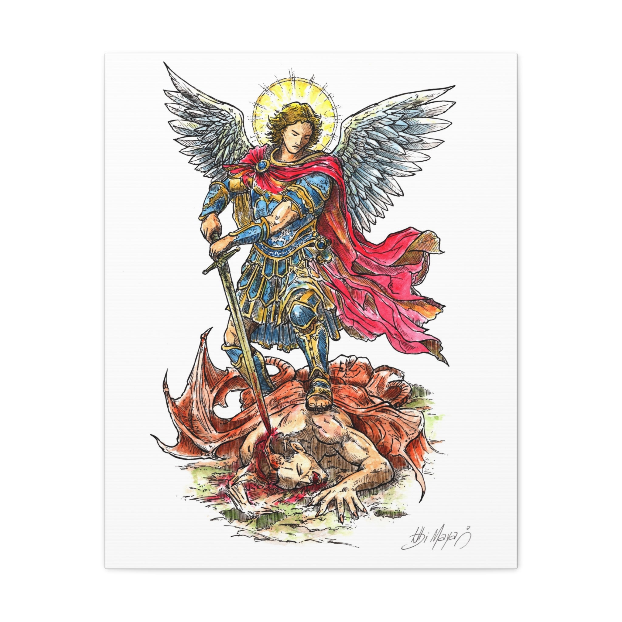 Archangel Michael slaying dragon Matte Canvas