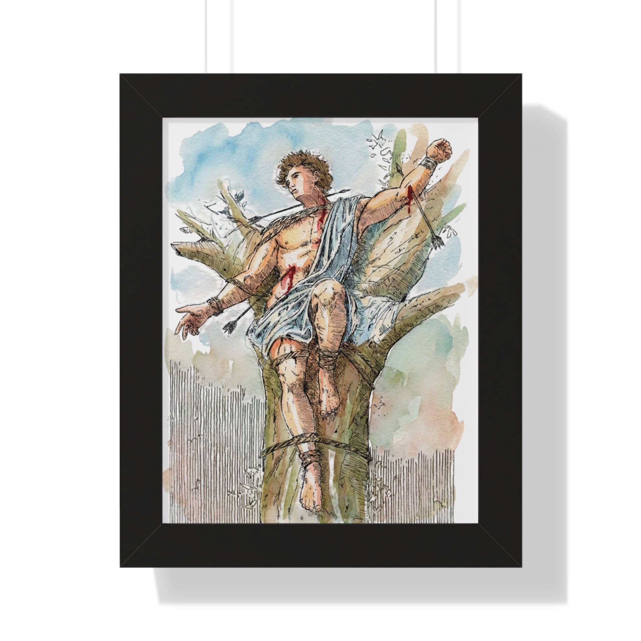Saint Sebastian Watercolor Framed Vertical Poster | Religious Art, Martyrdom Illustration