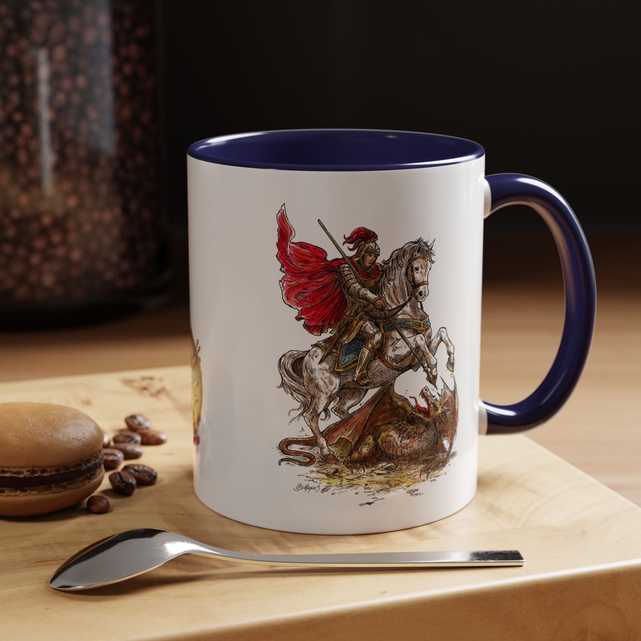 Saint George Dragon Slayer Accent Coffee Mug — Medieval Knight Illustration (11/15oz)
