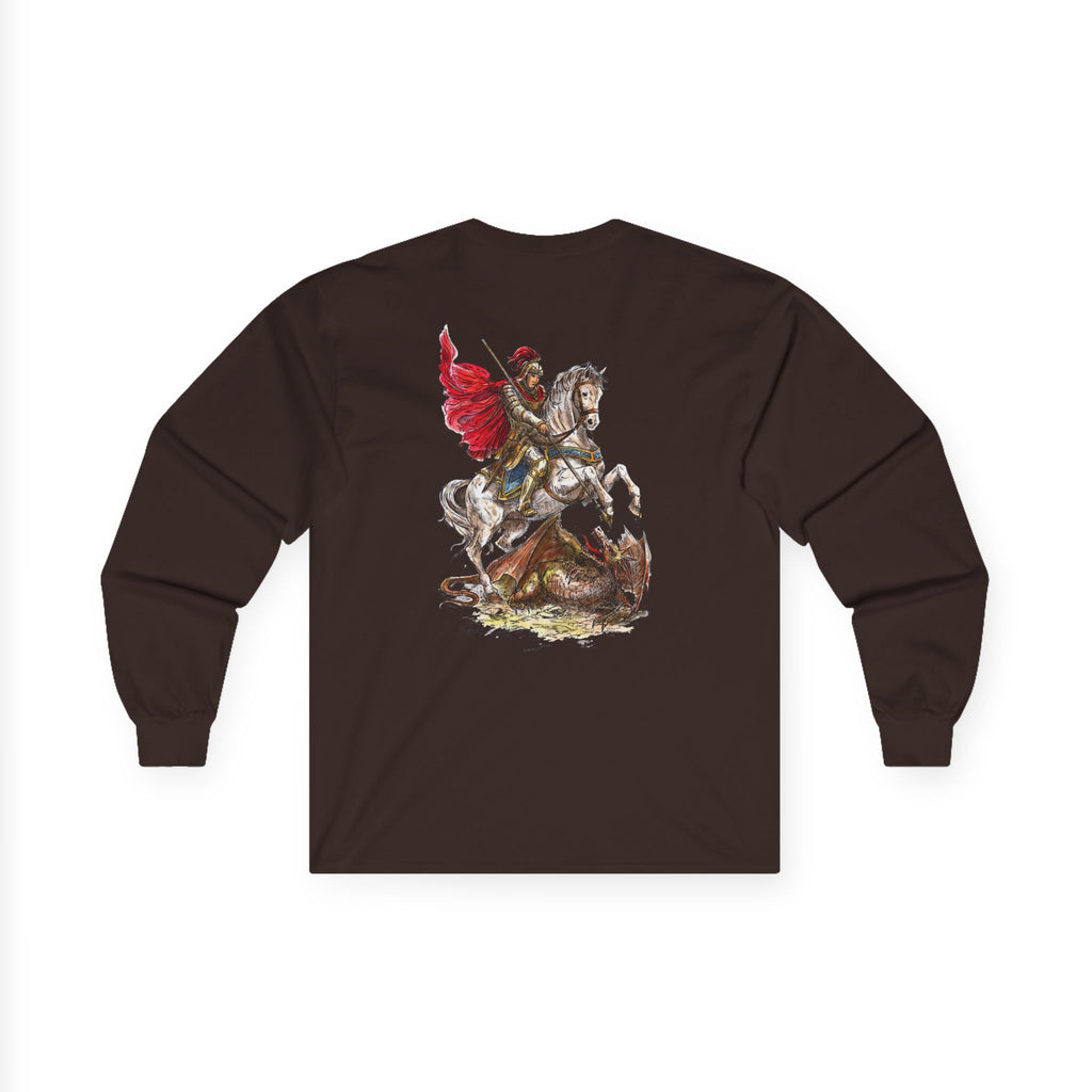 Saint George Slaying the Dragon Long Sleeve Shirt – Christian Warrior Saint Graphic Tee, Catholic Religious Apparel