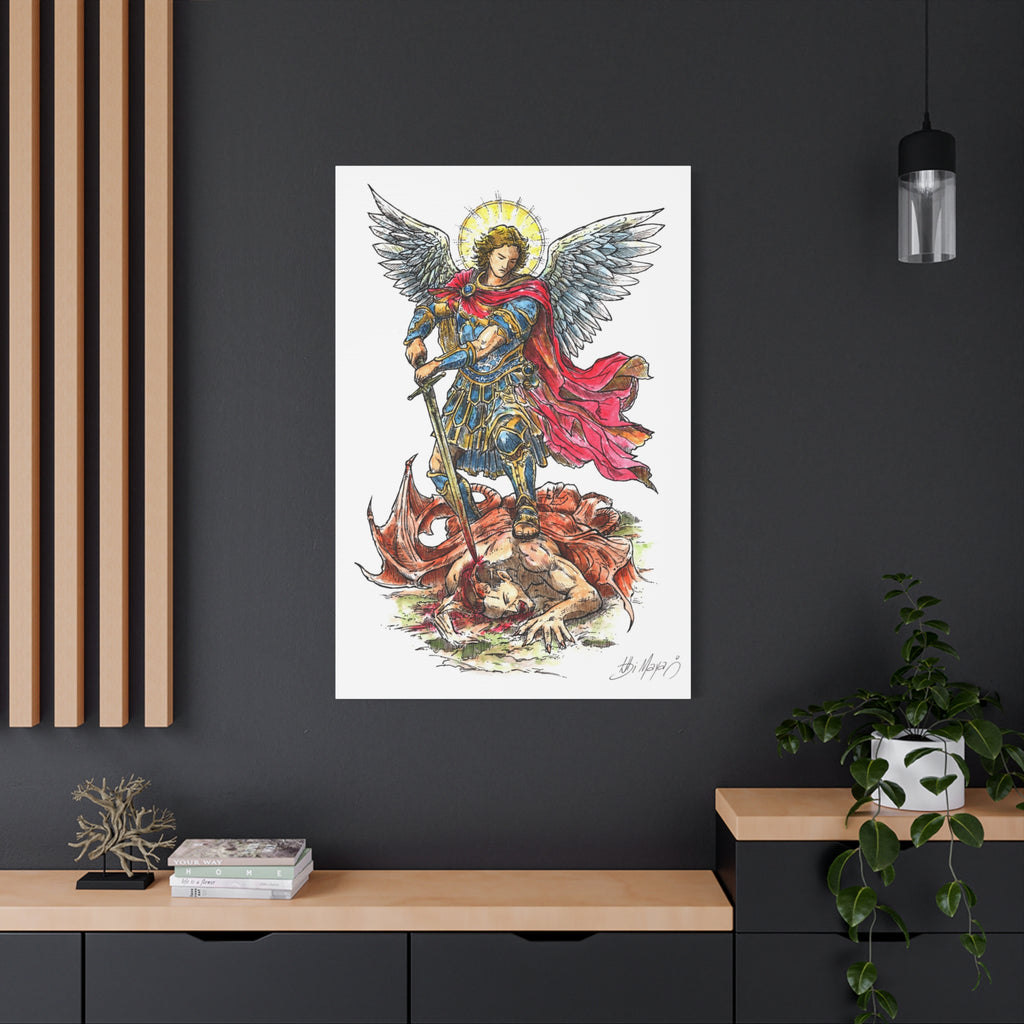 Archangel Michael slaying dragon Matte Canvas
