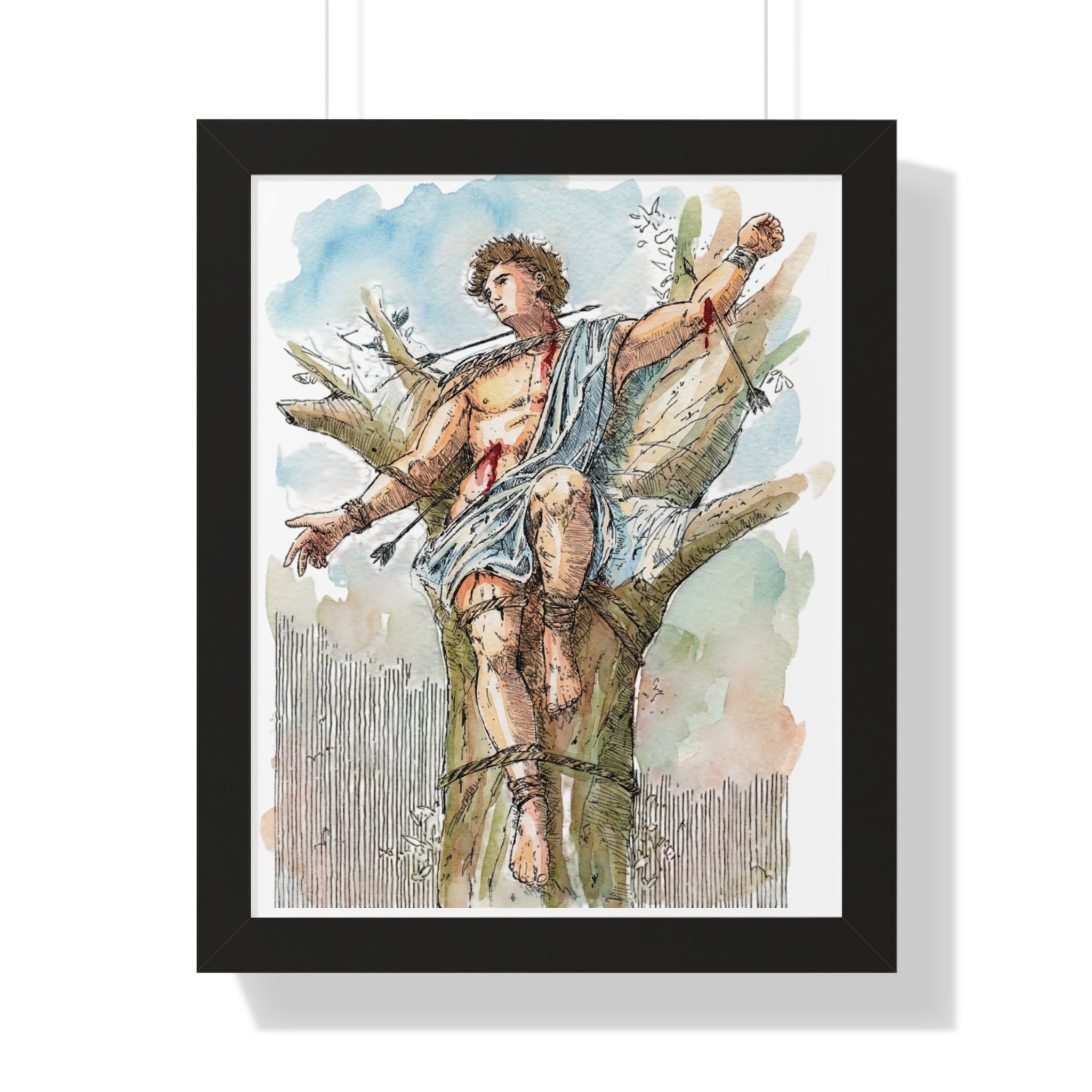 Saint Sebastian Watercolor Framed Vertical Poster | Religious Art, Martyrdom Illustration