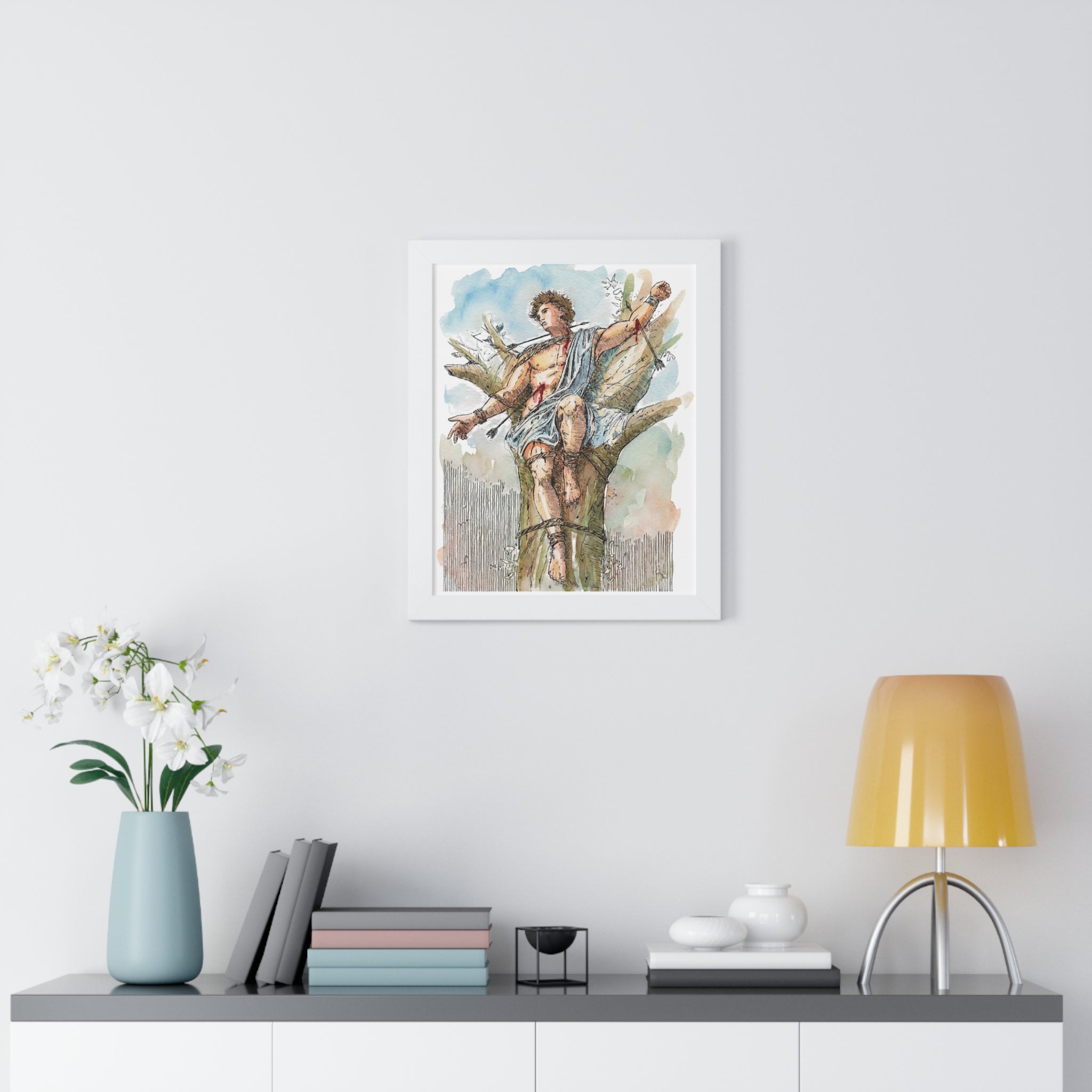 Saint Sebastian Watercolor Framed Vertical Poster | Religious Art, Martyrdom Illustration