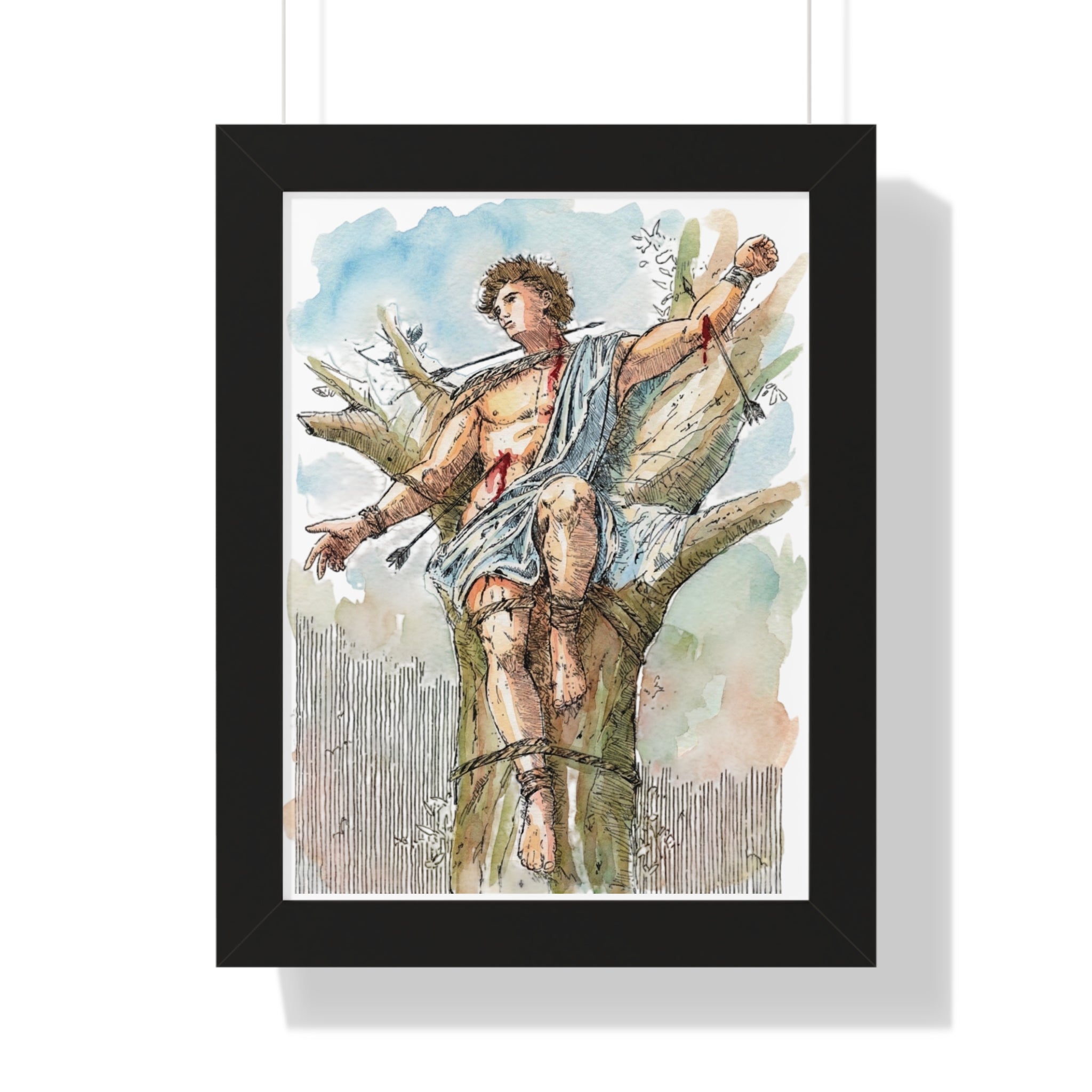 Saint Sebastian Watercolor Framed Vertical Poster | Religious Art, Martyrdom Illustration
