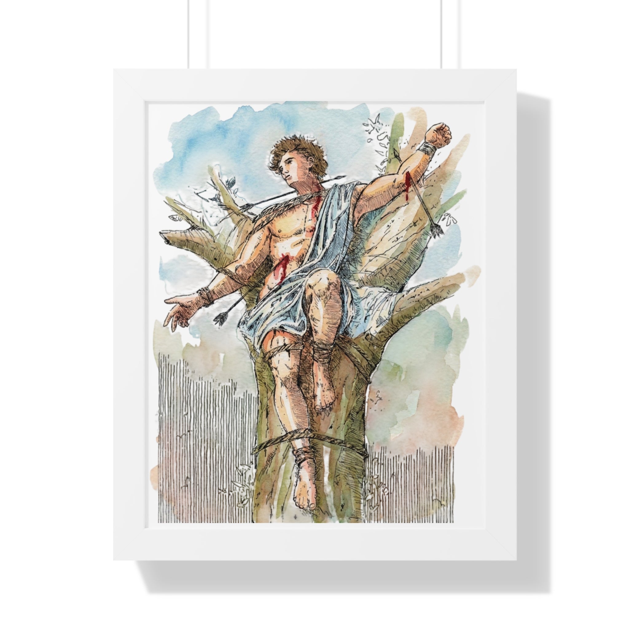Saint Sebastian Watercolor Framed Vertical Poster | Religious Art, Martyrdom Illustration