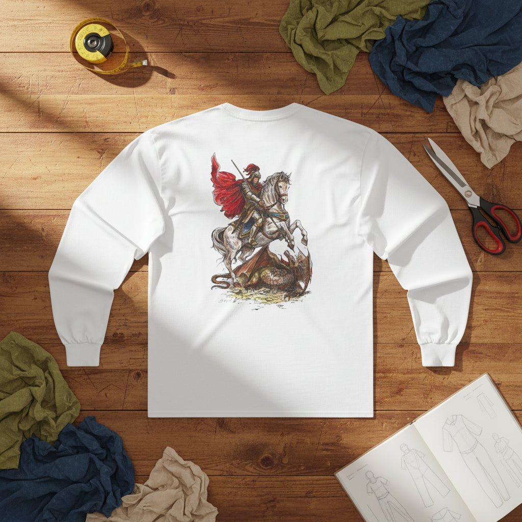 Saint George Slaying the Dragon Long Sleeve Shirt – Christian Warrior Saint Graphic Tee, Catholic Religious Apparel