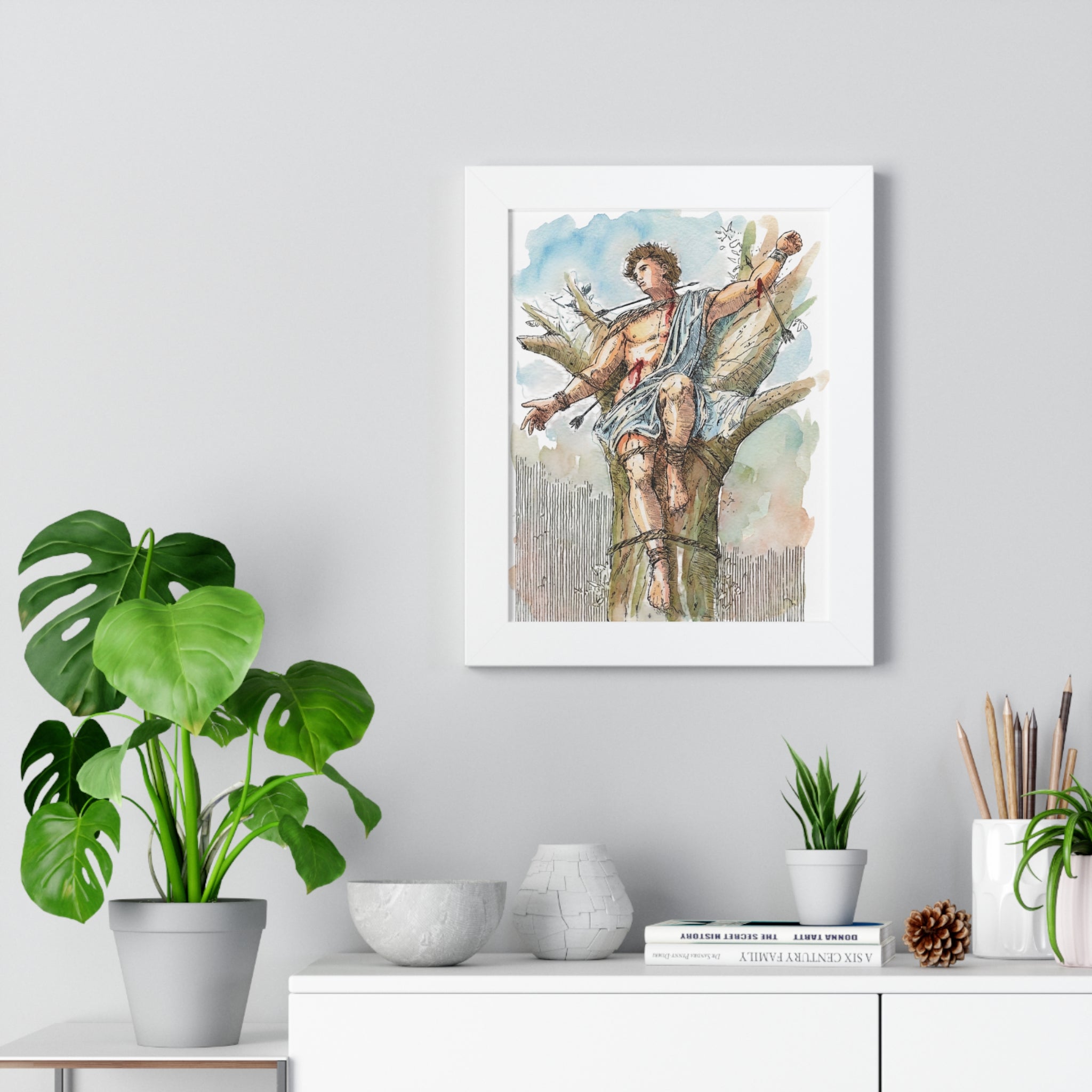 Saint Sebastian Watercolor Framed Vertical Poster | Religious Art, Martyrdom Illustration