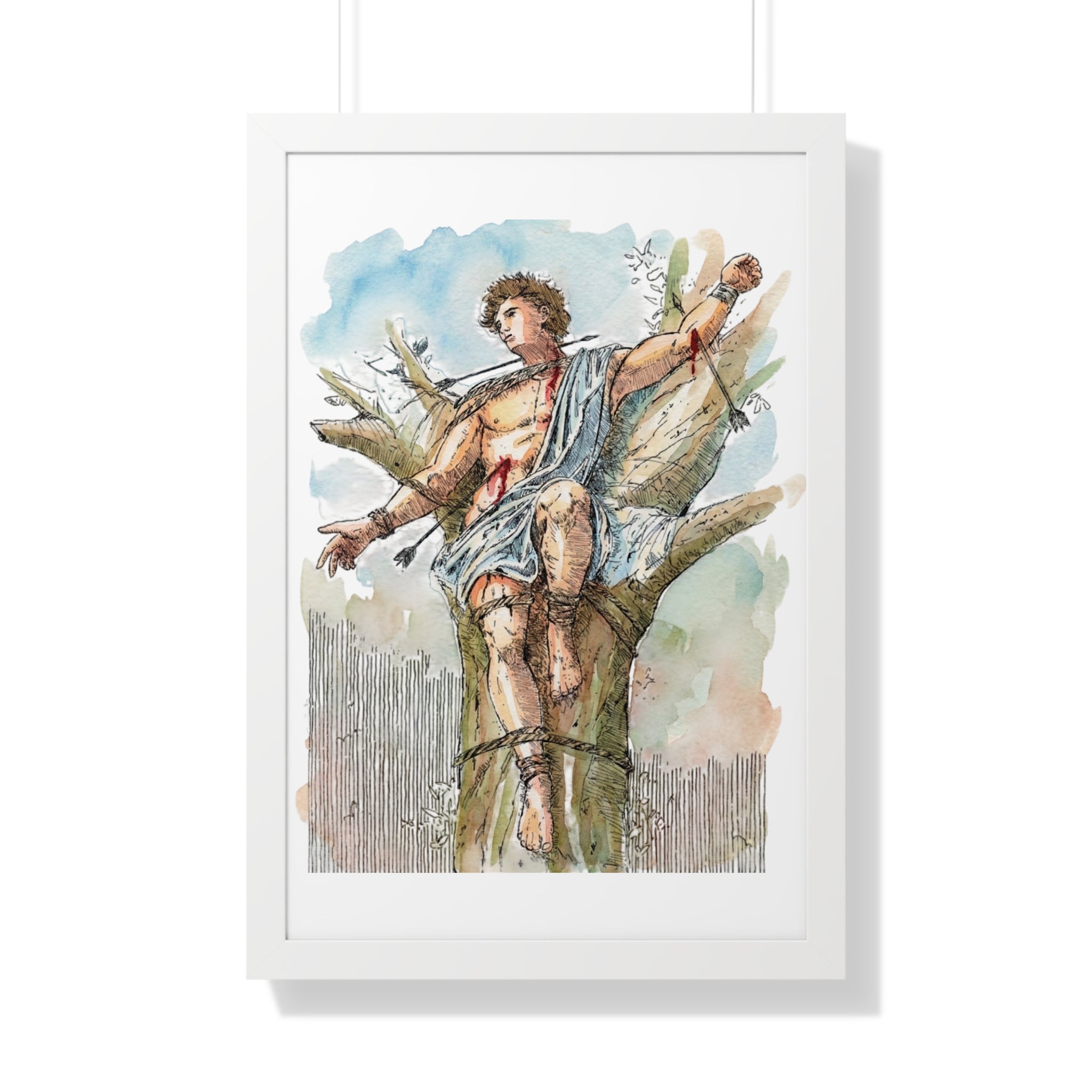 Saint Sebastian Watercolor Framed Vertical Poster | Religious Art, Martyrdom Illustration