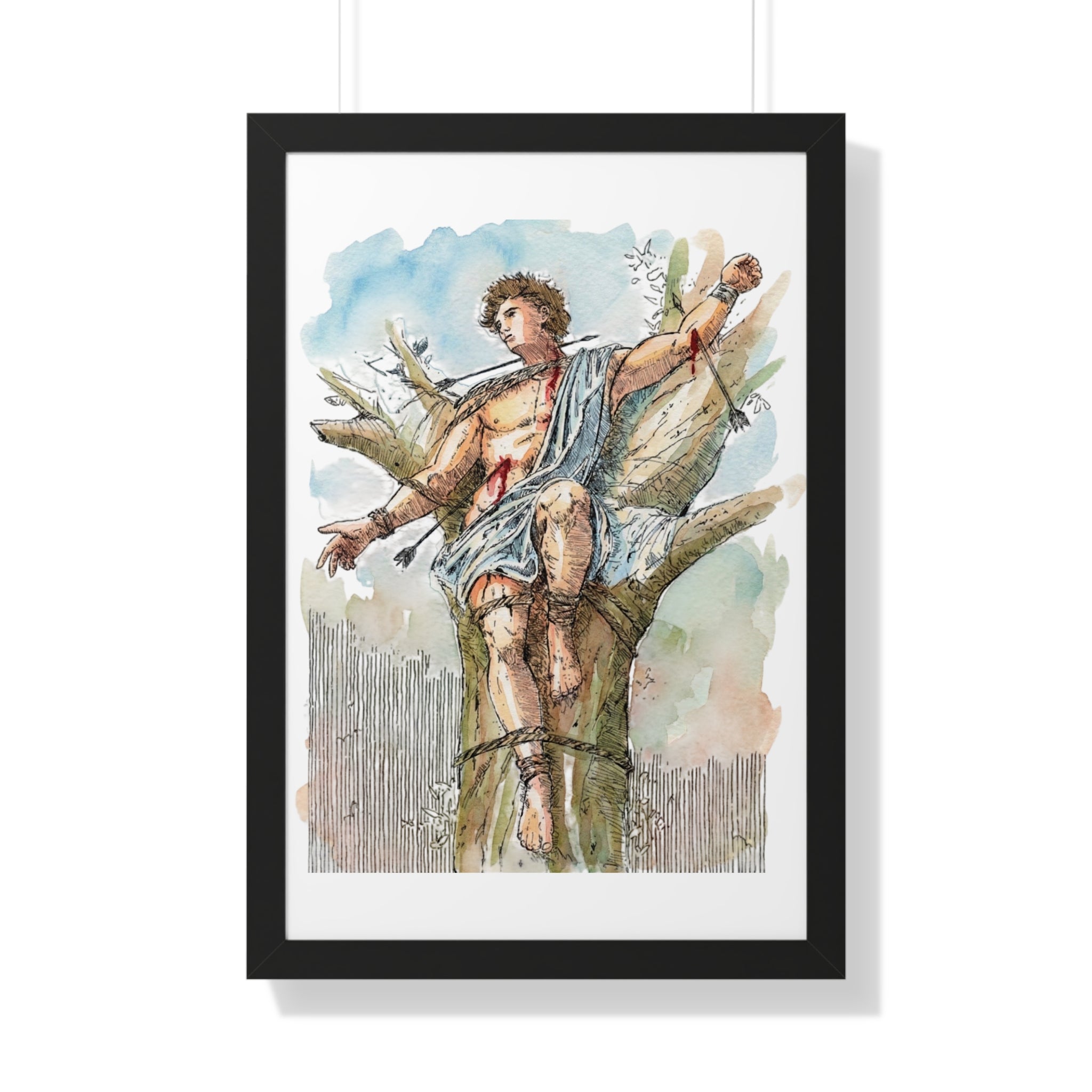 Saint Sebastian Watercolor Framed Vertical Poster | Religious Art, Martyrdom Illustration