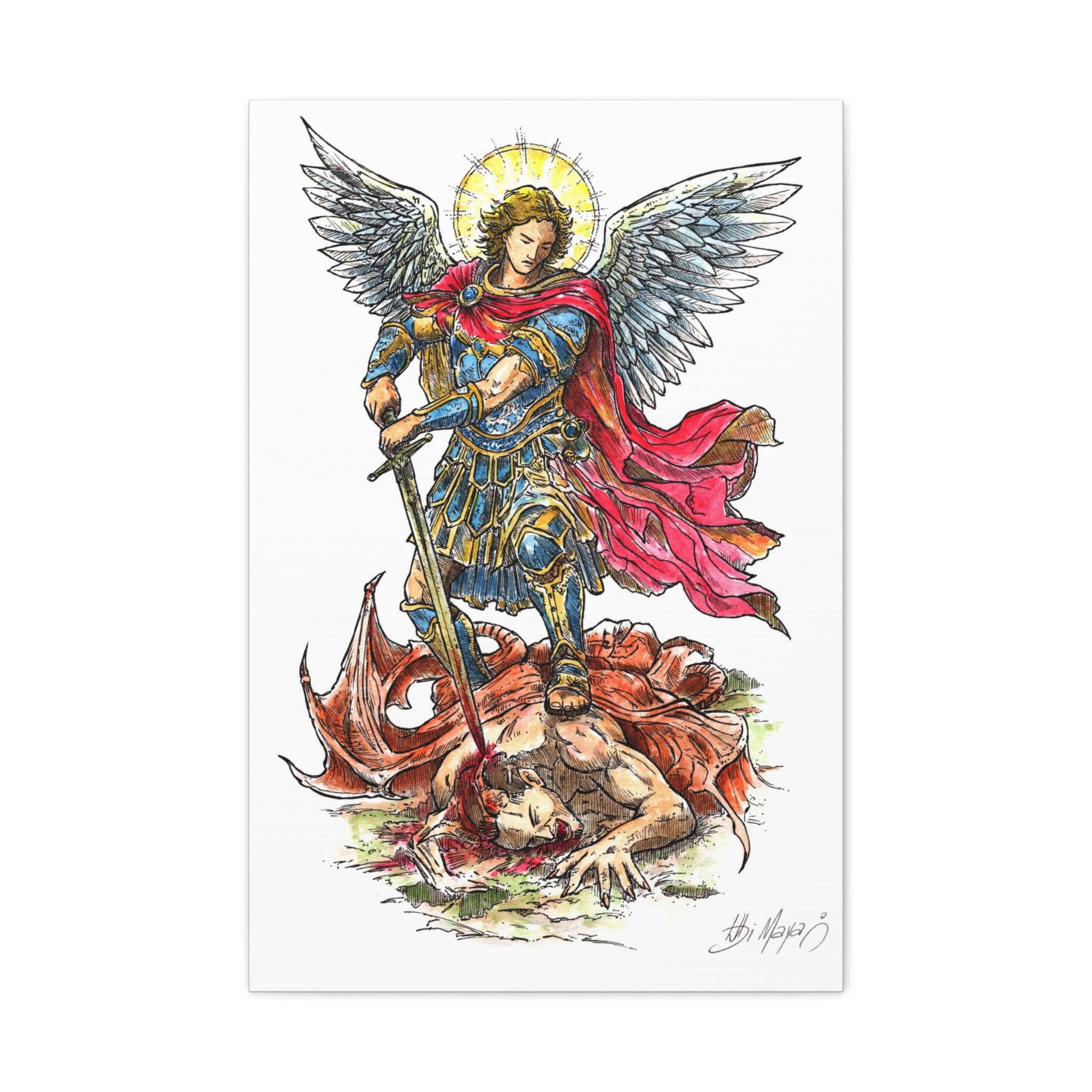 Archangel Michael slaying dragon Matte Canvas