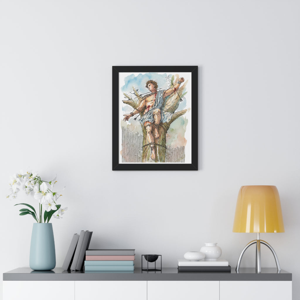 Saint Sebastian Watercolor Framed Vertical Poster | Religious Art, Martyrdom Illustration