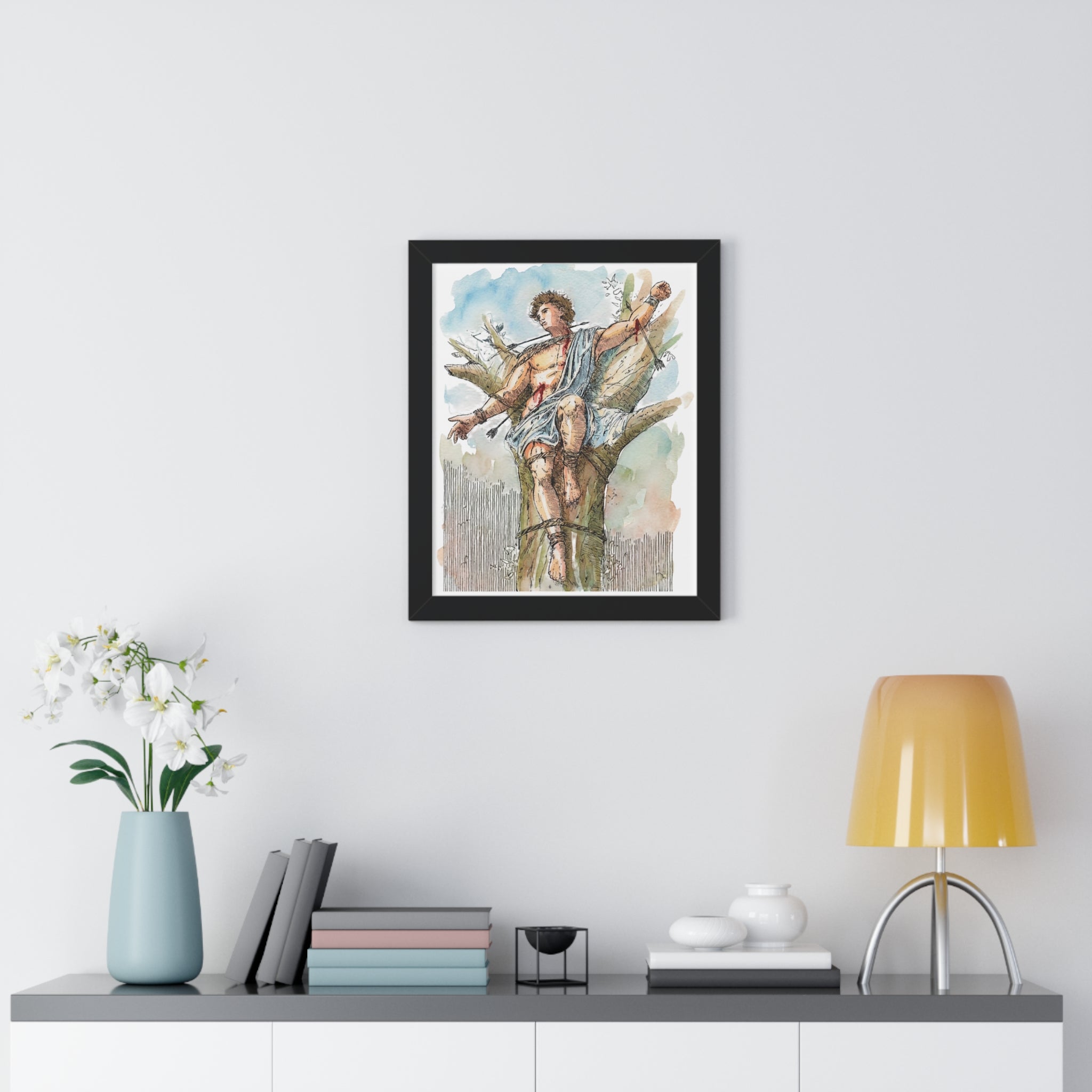 Saint Sebastian Watercolor Framed Vertical Poster | Religious Art, Martyrdom Illustration