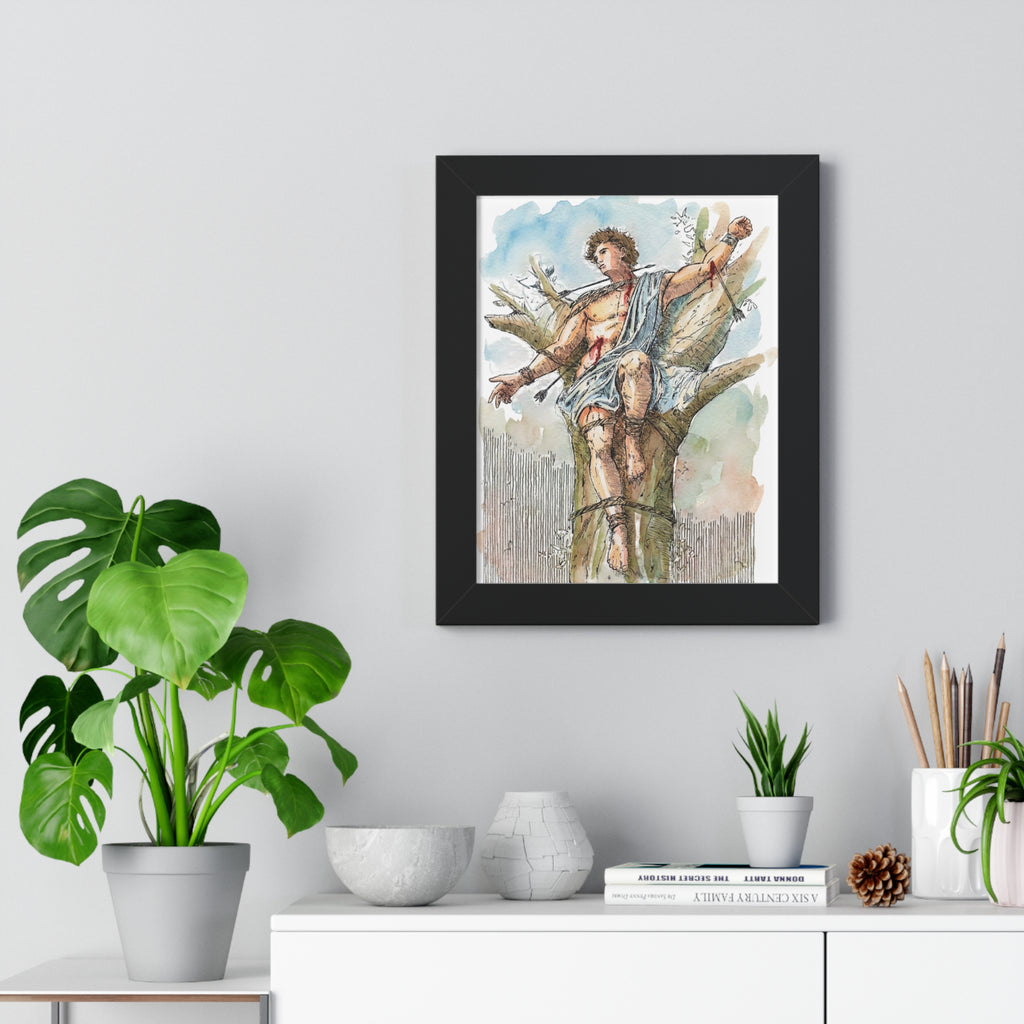 Saint Sebastian Watercolor Framed Vertical Poster | Religious Art, Martyrdom Illustration