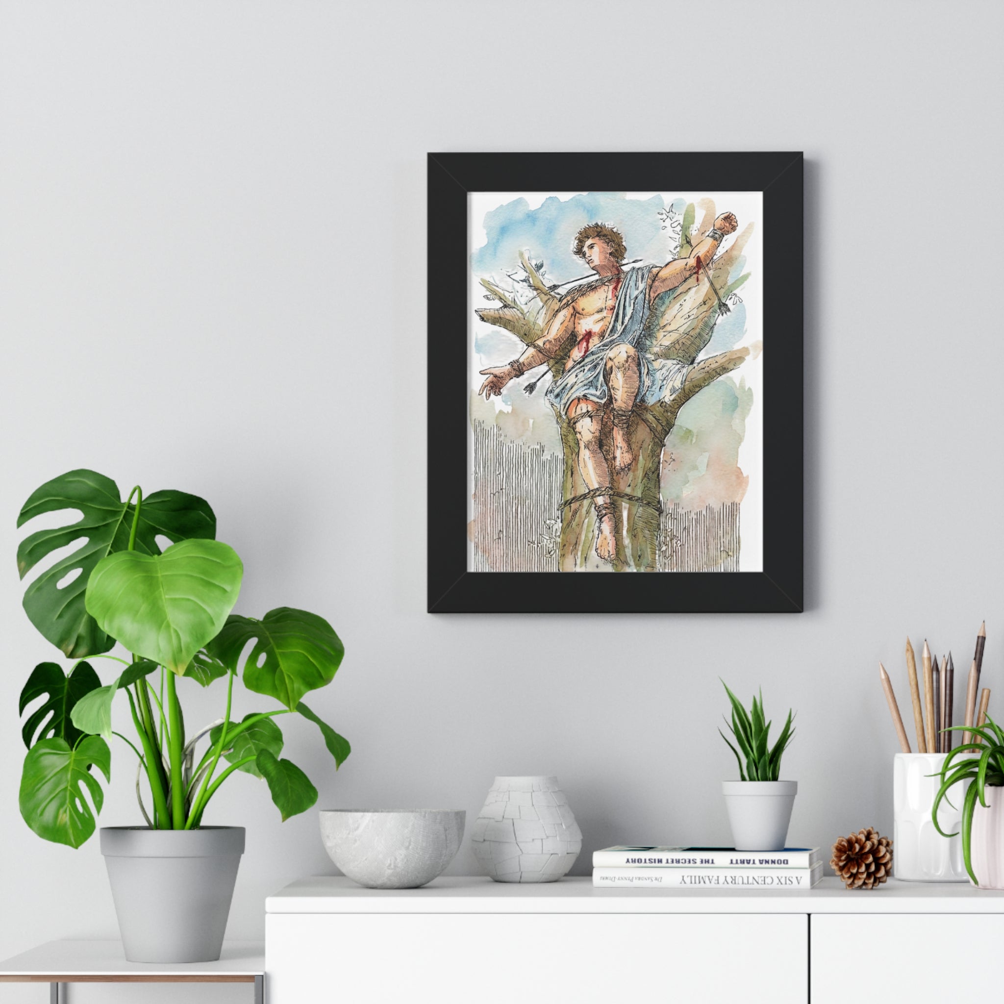 Saint Sebastian Watercolor Framed Vertical Poster | Religious Art, Martyrdom Illustration
