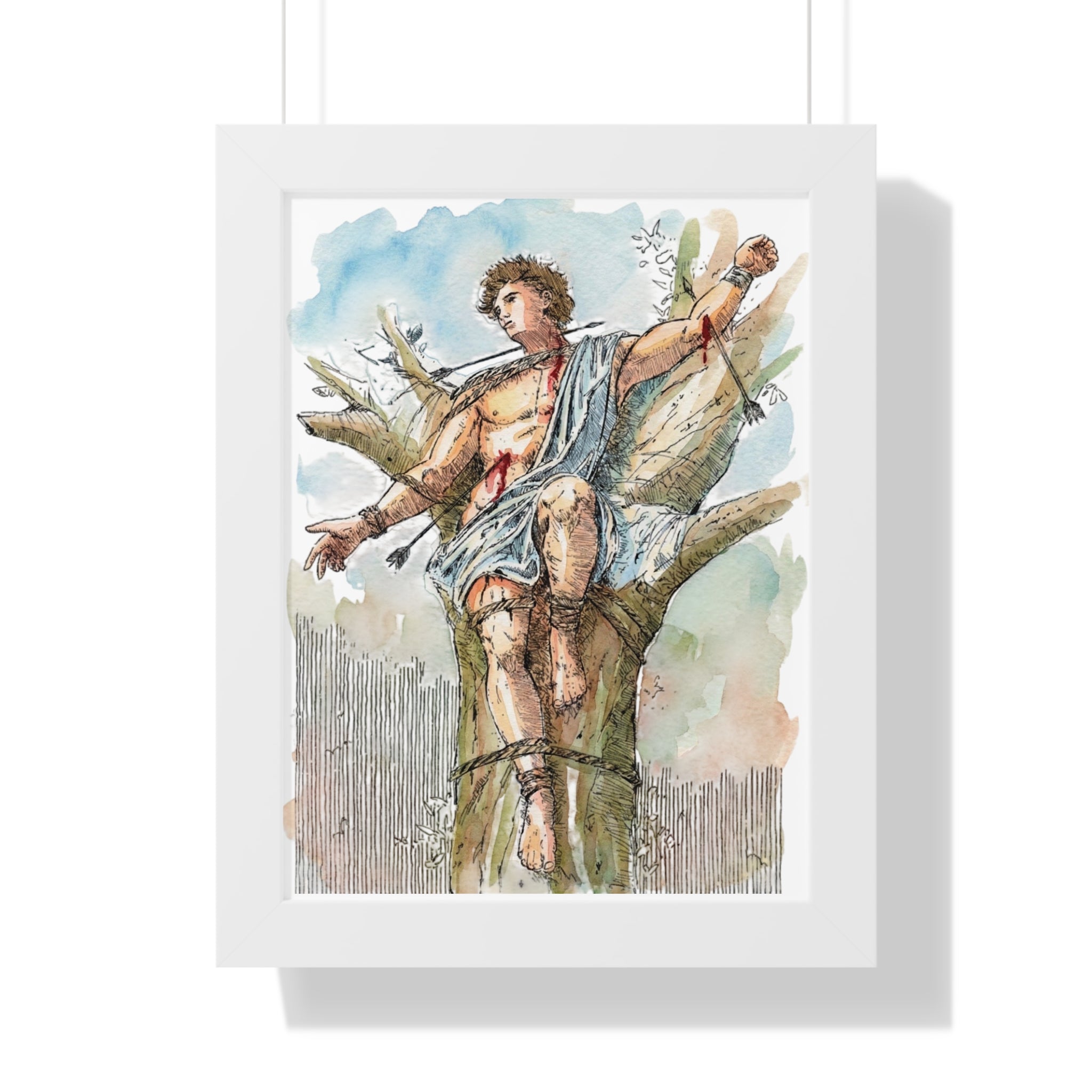 Saint Sebastian Watercolor Framed Vertical Poster | Religious Art, Martyrdom Illustration