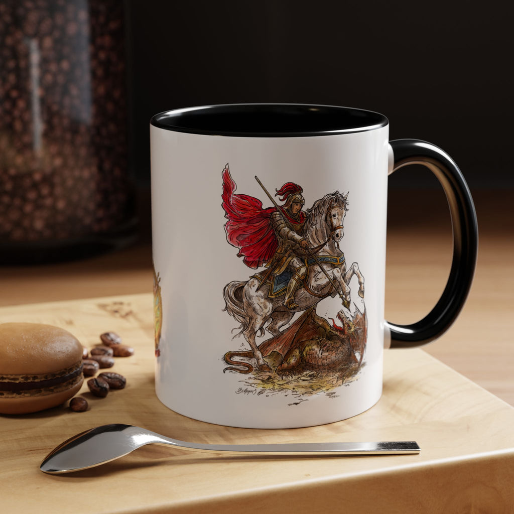 Saint George Dragon Slayer Accent Coffee Mug — Medieval Knight Illustration (11/15oz)