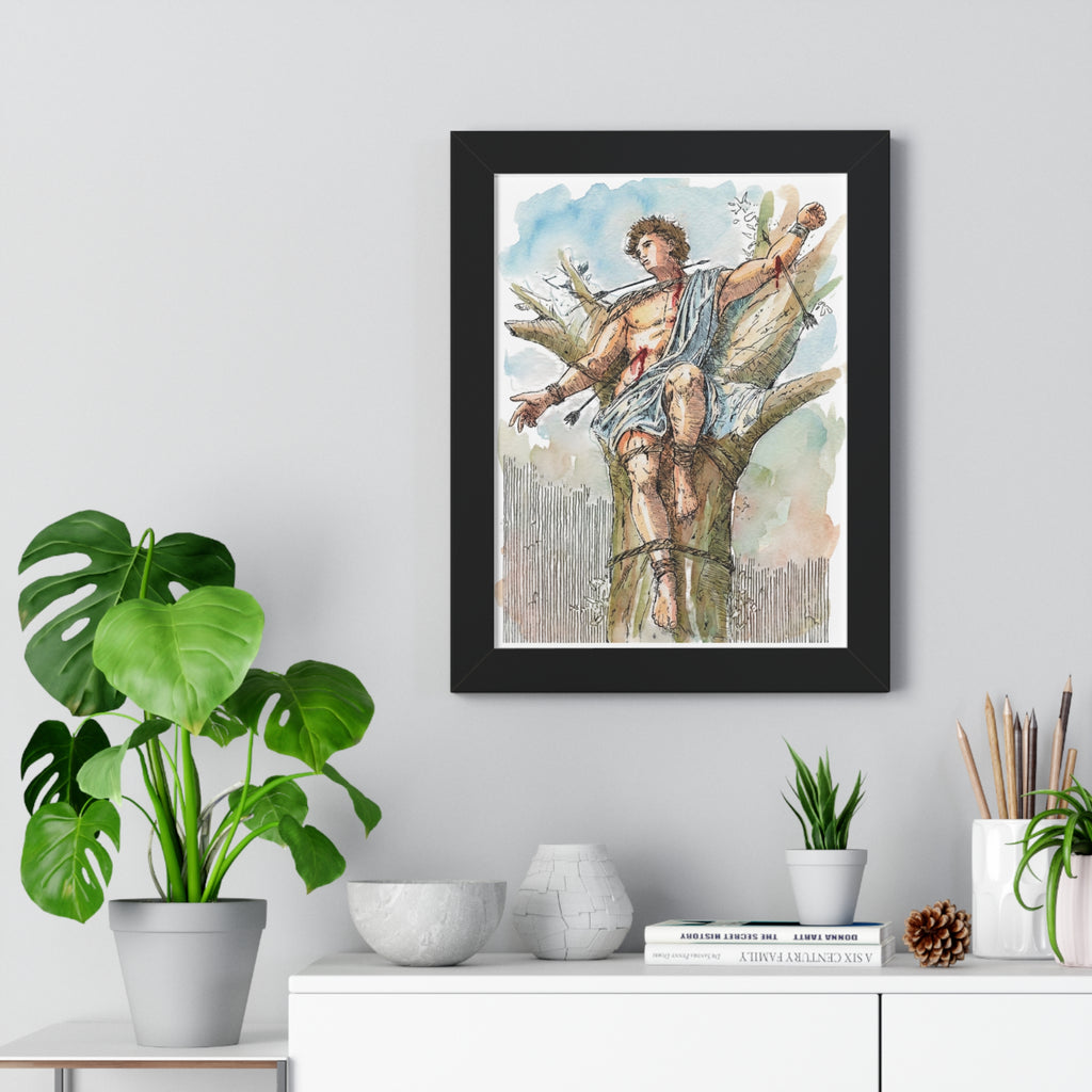 Saint Sebastian Watercolor Framed Vertical Poster | Religious Art, Martyrdom Illustration