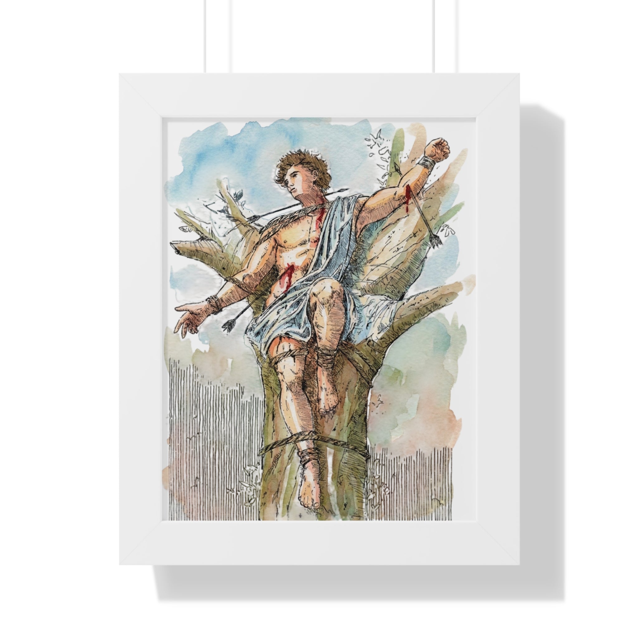 Saint Sebastian Watercolor Framed Vertical Poster | Religious Art, Martyrdom Illustration