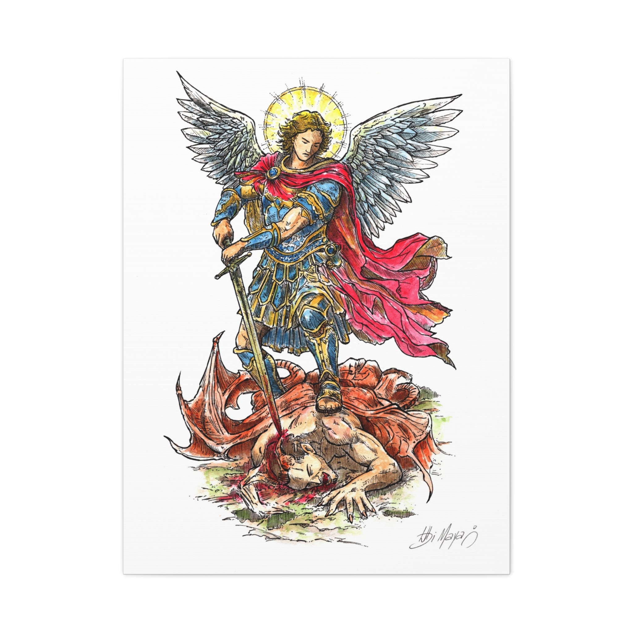 Archangel Michael slaying dragon Matte Canvas