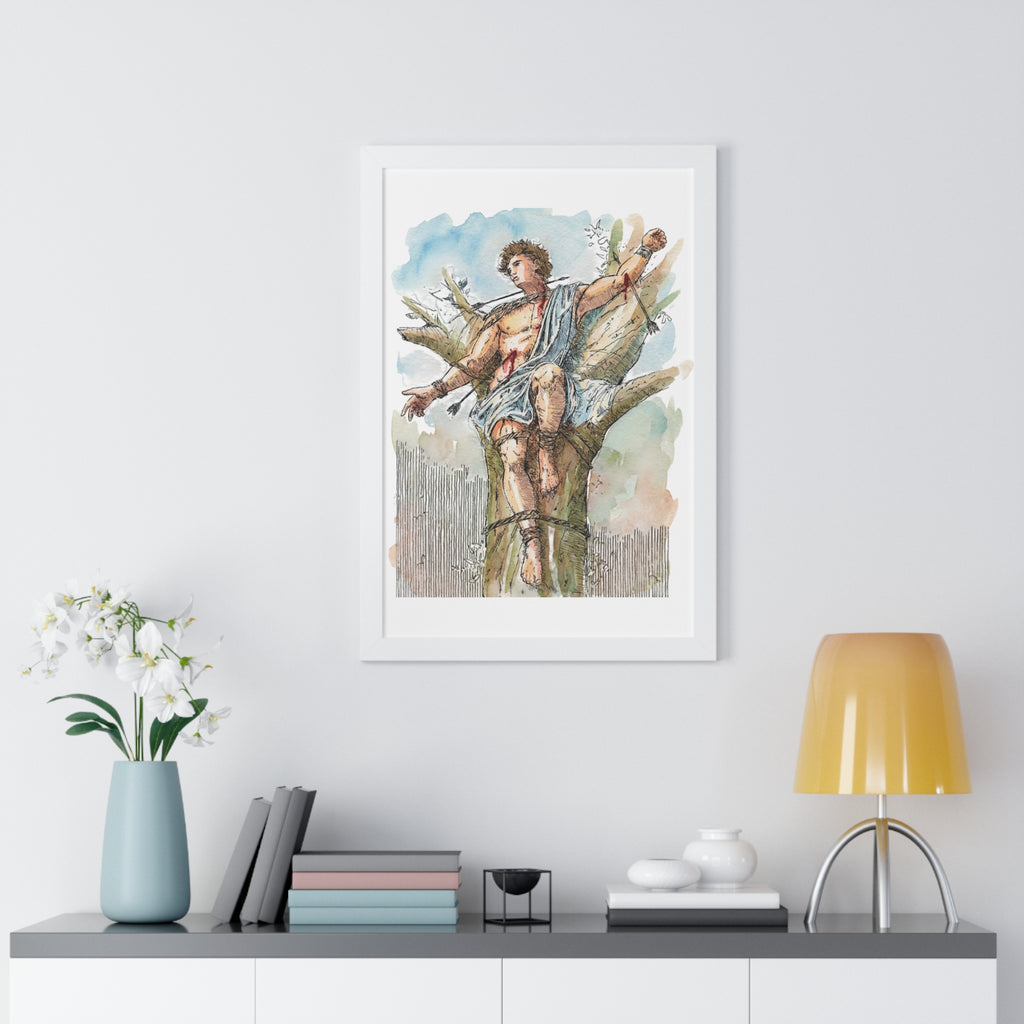 Saint Sebastian Watercolor Framed Vertical Poster | Religious Art, Martyrdom Illustration