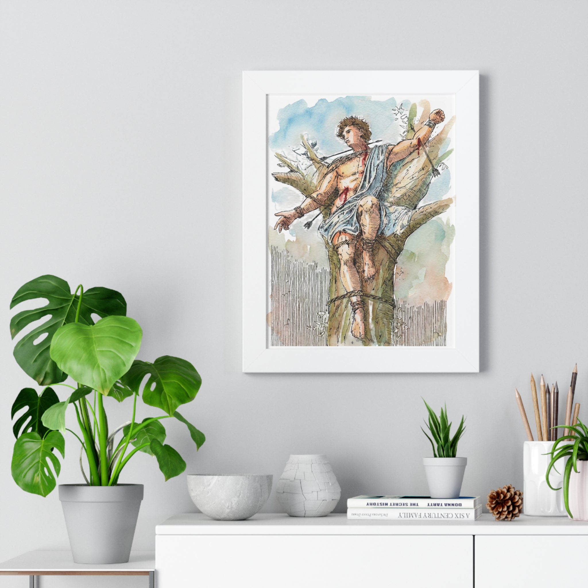 Saint Sebastian Watercolor Framed Vertical Poster | Religious Art, Martyrdom Illustration