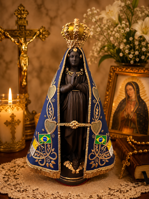 11 Inch Our Lady of Aparecida Statue | Handcrafted Blue & Gold Sacred Art | Decorative Catholic Home Decor