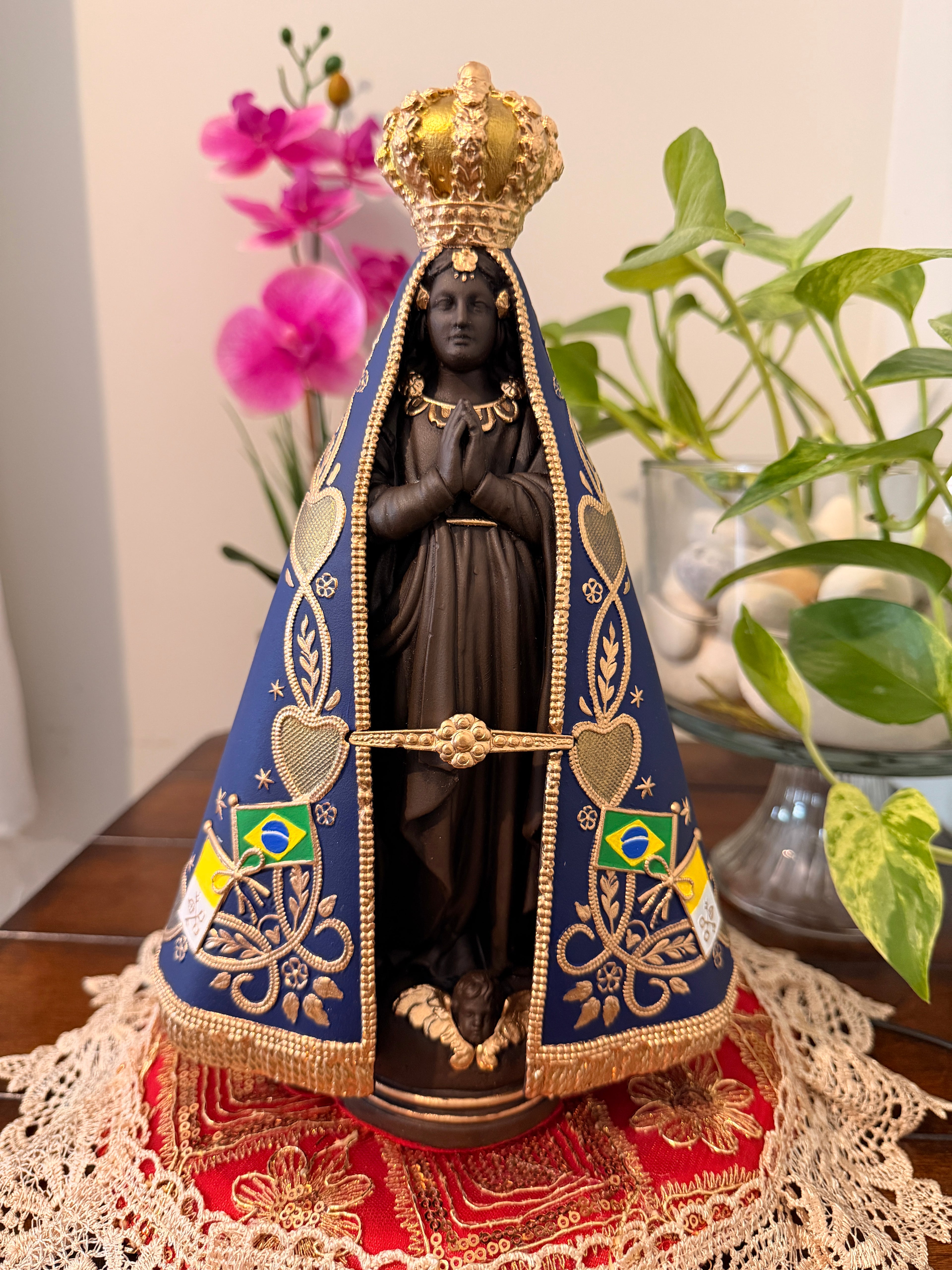 11 Inch Our Lady of Aparecida Statue | Handcrafted Blue & Gold Sacred Art | Decorative Catholic Home Decor