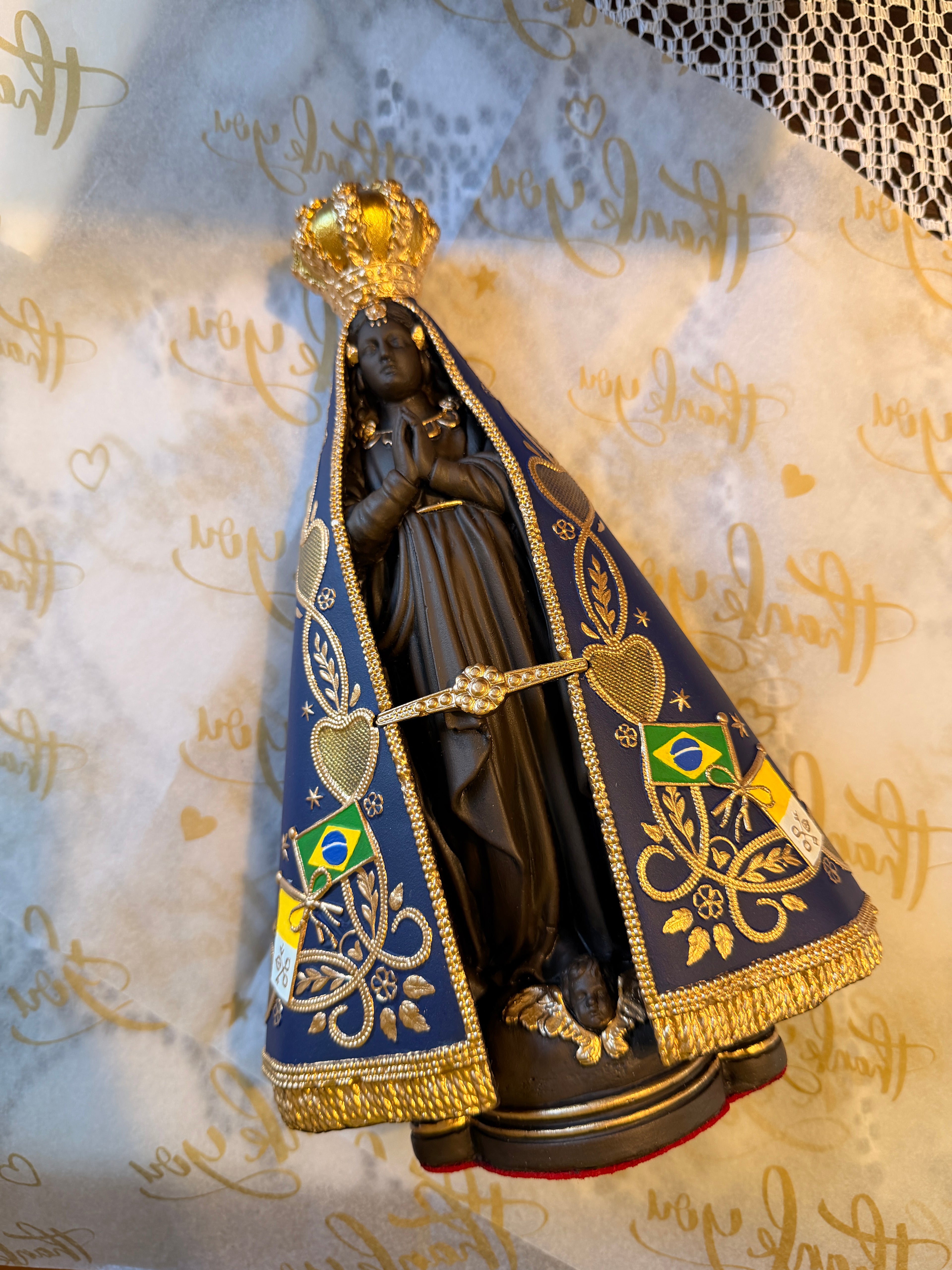 11 Inch Our Lady of Aparecida Statue | Handcrafted Blue & Gold Sacred Art | Decorative Catholic Home Decor