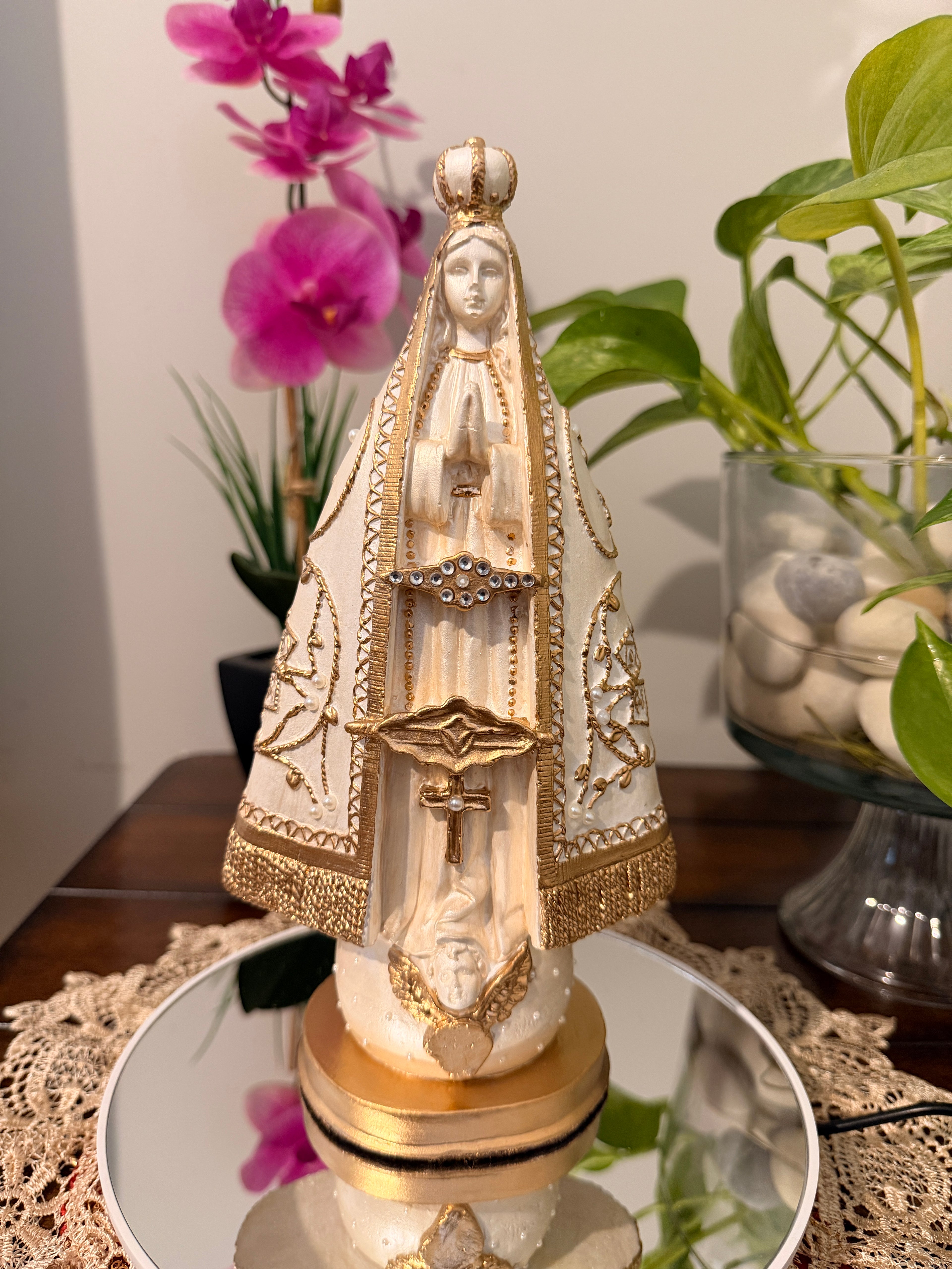 10-Inch Our Lady of Aparecida Statue | Pearl & Gold Catholic Decor | Handmade Religious Statue | Sacred Home Altar Decor