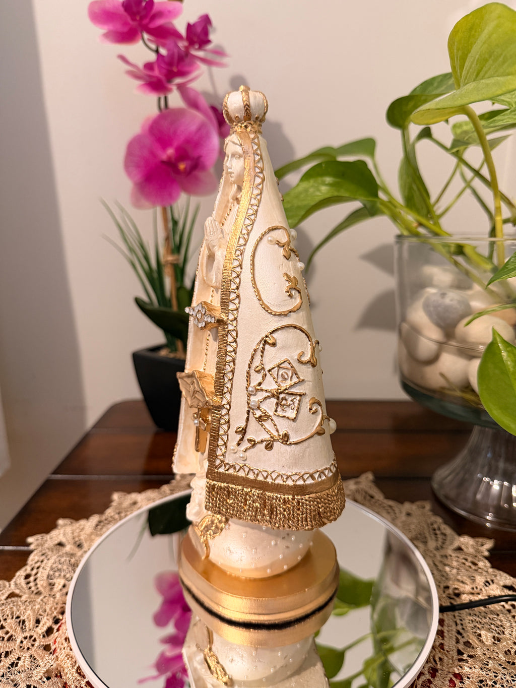 10-Inch Our Lady of Aparecida Statue | Pearl & Gold Catholic Decor | Handmade Religious Statue | Sacred Home Altar Decor