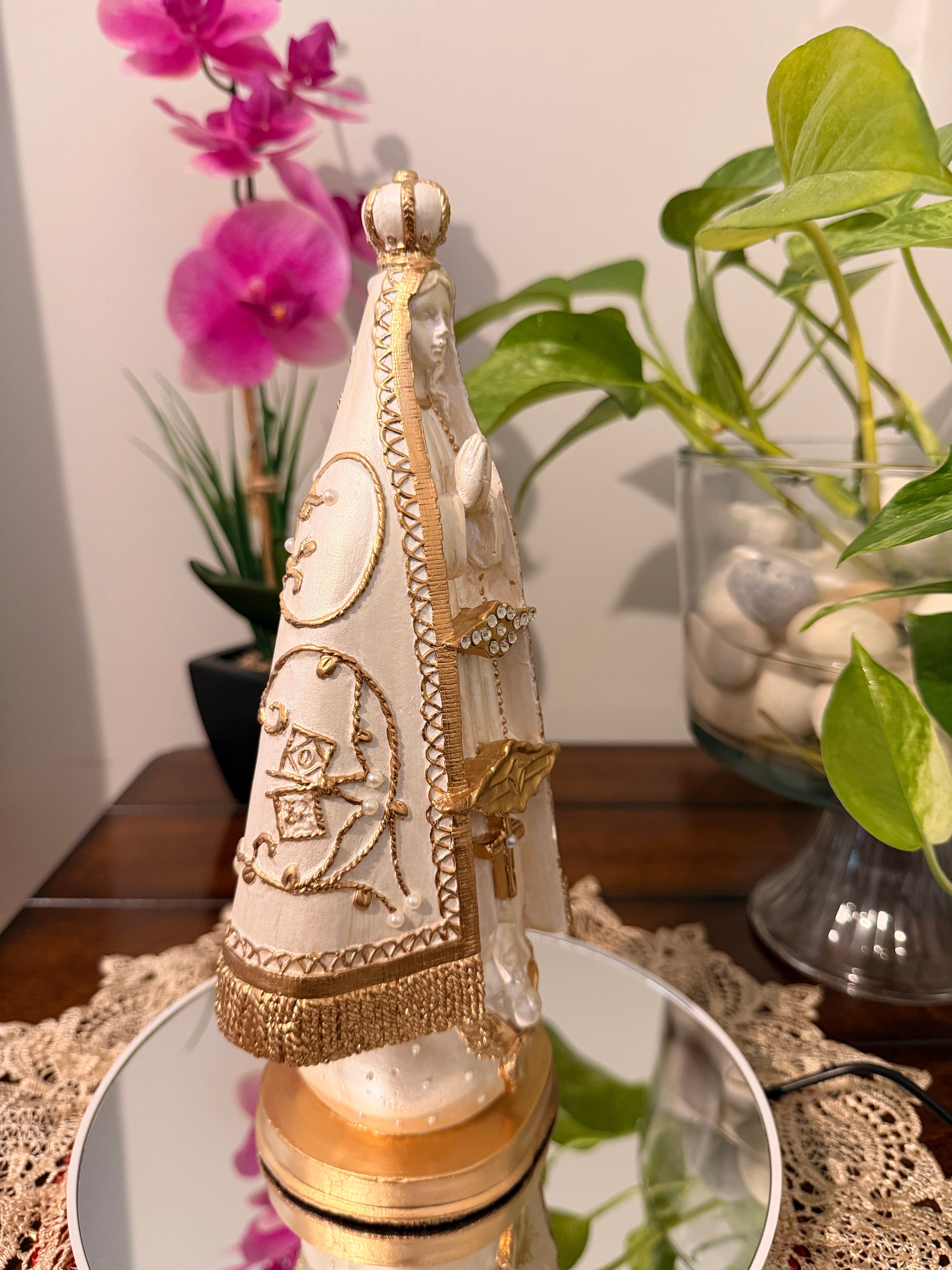 10-Inch Our Lady of Aparecida Statue | Pearl & Gold Catholic Decor | Handmade Religious Statue | Sacred Home Altar Decor
