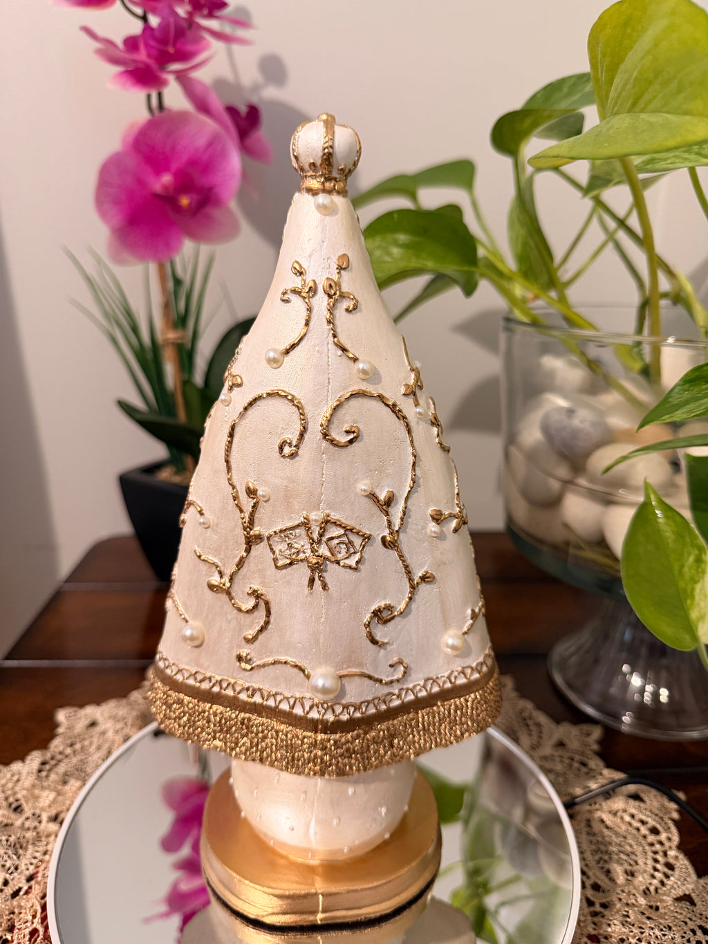 10-Inch Our Lady of Aparecida Statue | Pearl & Gold Catholic Decor | Handmade Religious Statue | Sacred Home Altar Decor