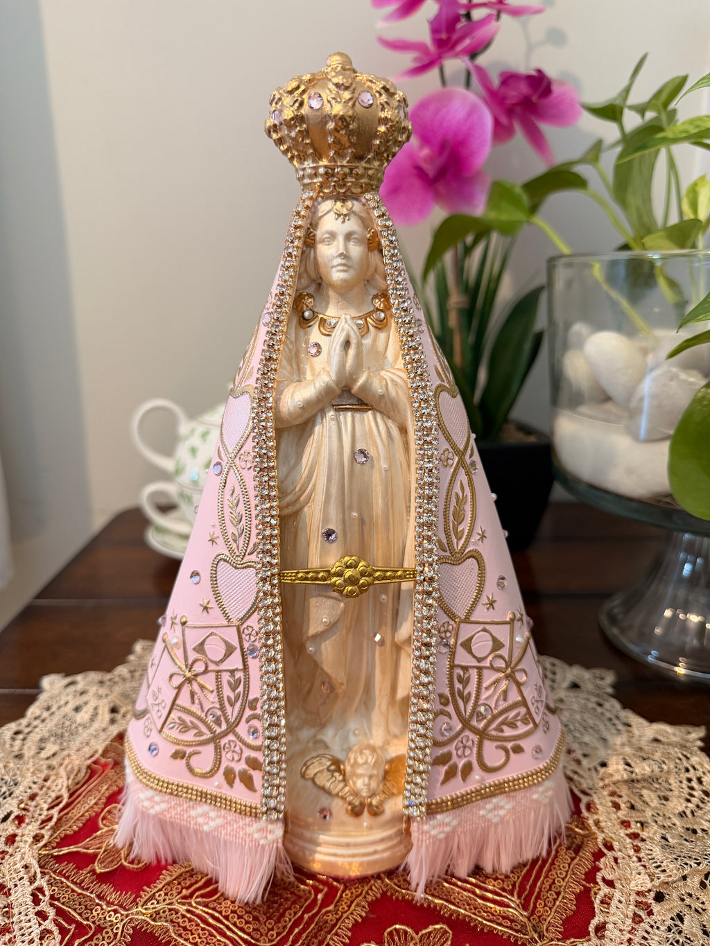 Nossa Senhora Aparecida Pink Statue 11 Inches – Handmade Catholic Religious Figurine