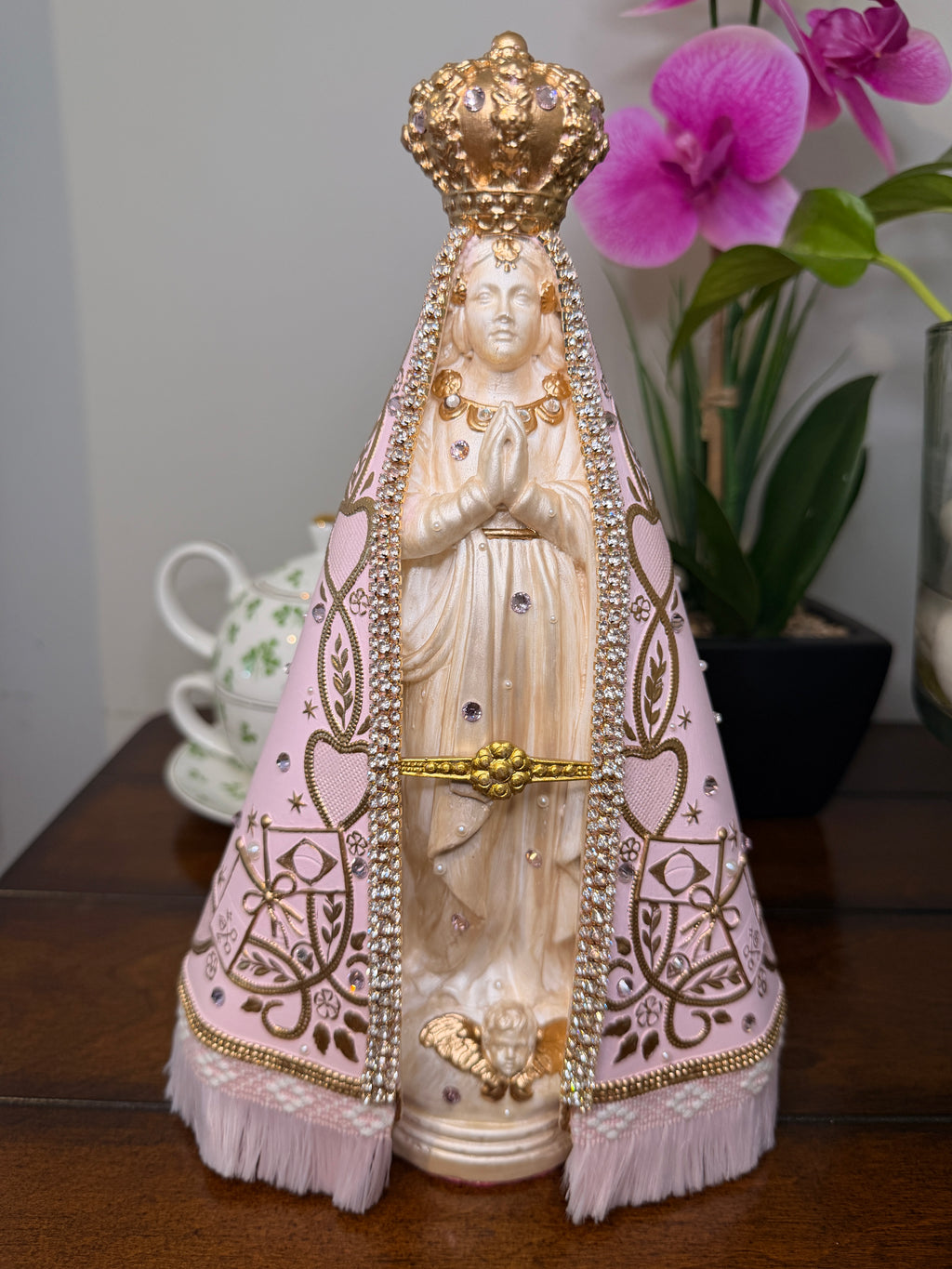 Nossa Senhora Aparecida Pink Statue 11 Inches – Handmade Catholic Religious Figurine