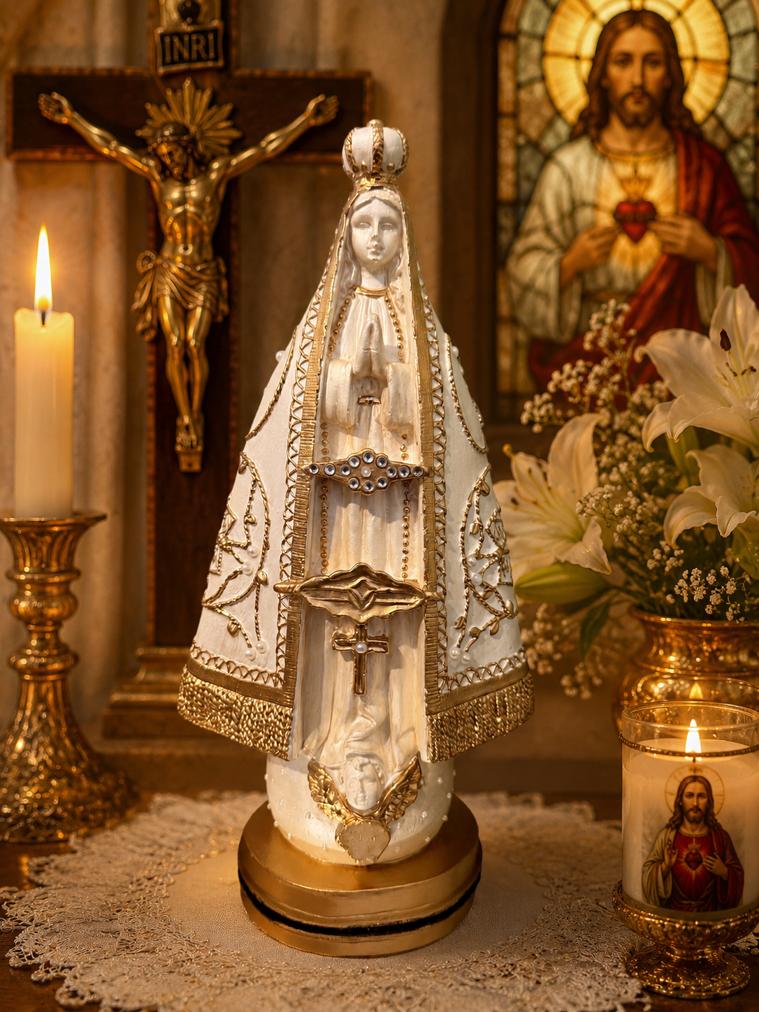 10-Inch Our Lady of Aparecida Statue | Pearl & Gold Catholic Decor | Handmade Religious Statue | Sacred Home Altar Decor