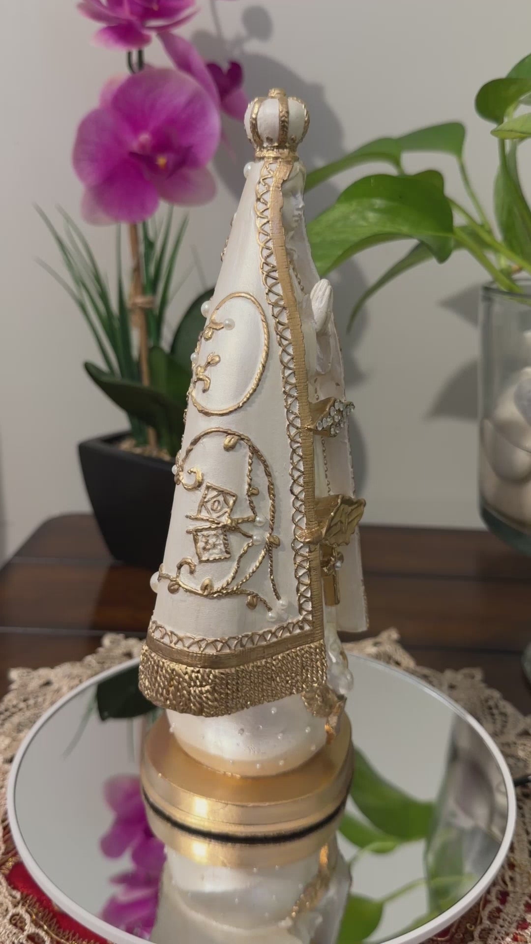 10-Inch Our Lady of Aparecida Statue | Pearl & Gold Catholic Decor | Handmade Religious Statue | Sacred Home Altar Decor